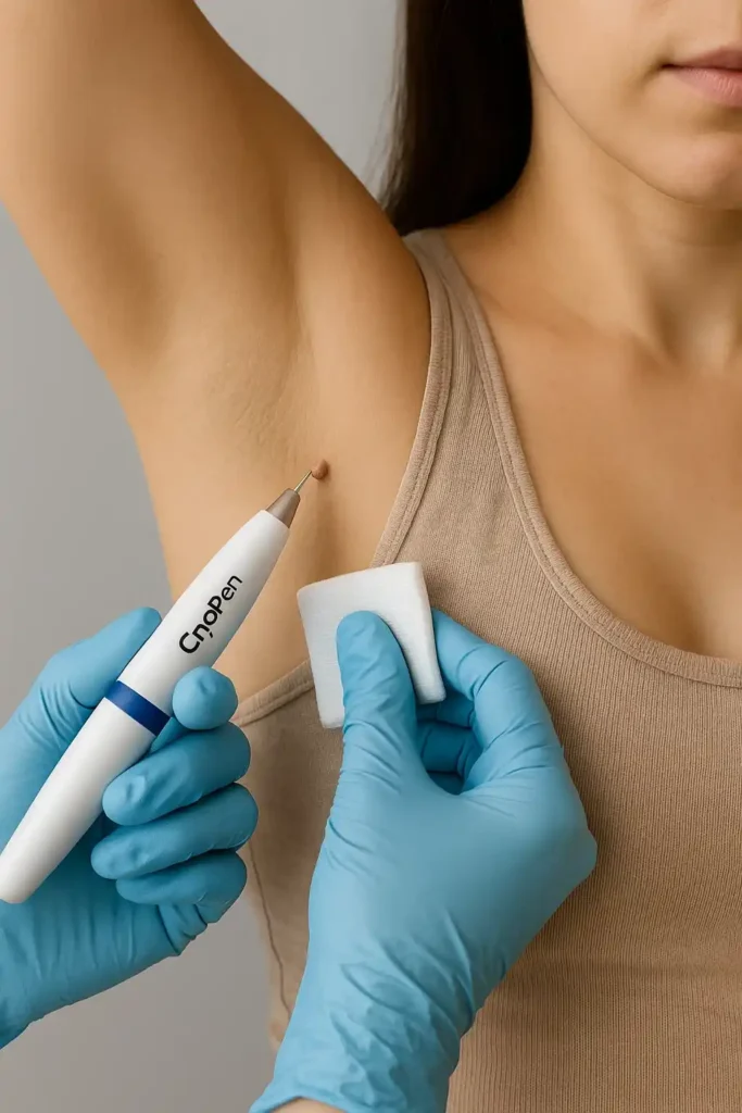 woman having cryopen to remove underarm skin tags Hook